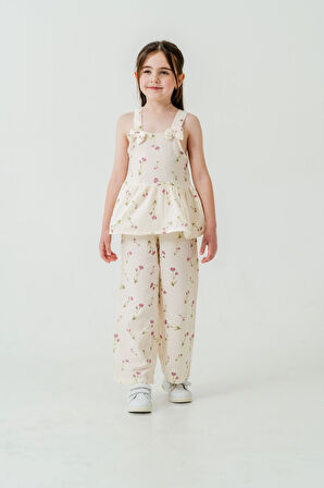 Çiçek Desenli Kız Çocuk Müslin Takım 3817