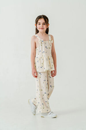 Çiçek Desenli Kız Çocuk Müslin Takım 3817