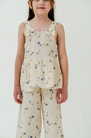 Çiçek Desenli Kız Çocuk Müslin Takım 3817