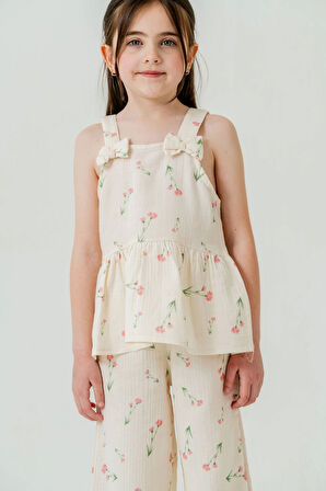 Çiçek Desenli Kız Çocuk Müslin Takım 3817