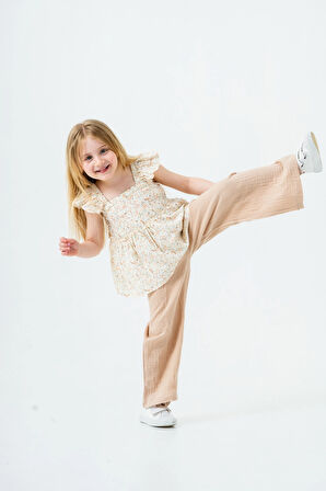 Çiçek Nakışlı Kız Çocuk Müslin Takım 3815