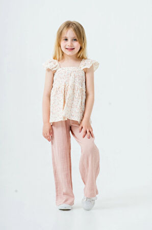 Çiçek Nakışlı Kız Çocuk Müslin Takım 3815