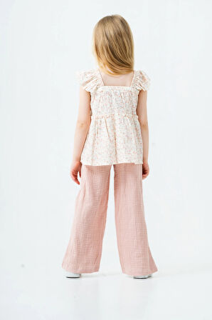 Çiçek Nakışlı Kız Çocuk Müslin Takım 3815