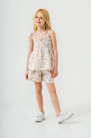 Çiçek Desenli İnce Askılı Kız Çocuk Takım 3818