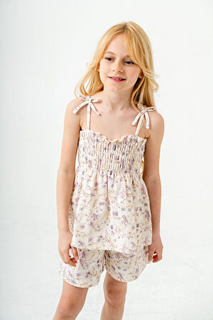 Çiçek Desenli İnce Askılı Kız Çocuk Takım 3818