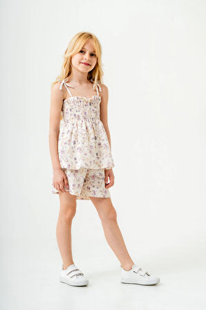 Çiçek Desenli İnce Askılı Kız Çocuk Takım 3818