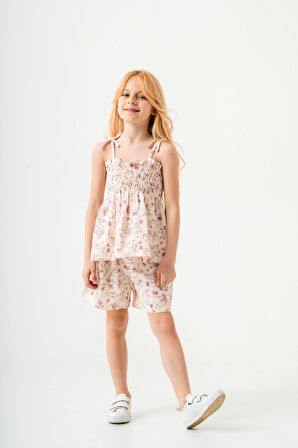 Çiçek Desenli İnce Askılı Kız Çocuk Takım 3818