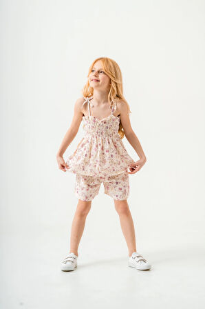 Çiçek Desenli İnce Askılı Kız Çocuk Takım 3818