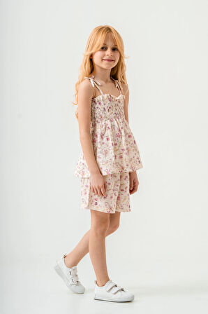 Çiçek Desenli İnce Askılı Kız Çocuk Takım 3818