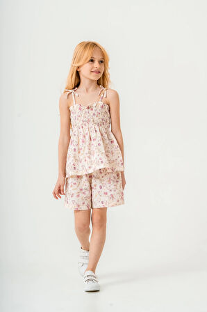 Çiçek Desenli İnce Askılı Kız Çocuk Takım 3818