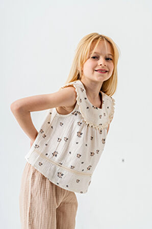 Çiçek Desenli Kız Çocuk Müslin Takım 3828