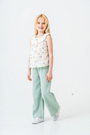 Çiçek Desenli Kız Çocuk Müslin Takım 3828