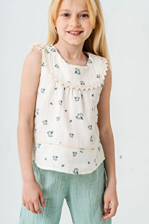 Çiçek Desenli Kız Çocuk Müslin Takım 3828