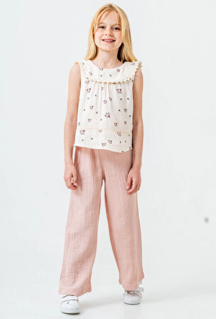 Çiçek Desenli Kız Çocuk Müslin Takım 3828