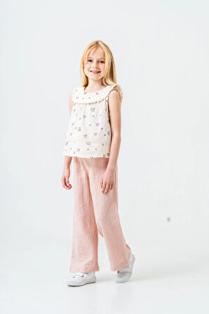 Çiçek Desenli Kız Çocuk Müslin Takım 3828