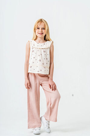 Çiçek Desenli Kız Çocuk Müslin Takım 3828