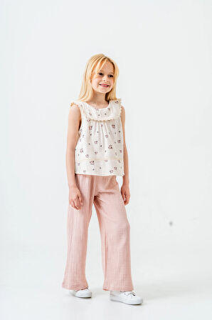 Çiçek Desenli Kız Çocuk Müslin Takım 3828