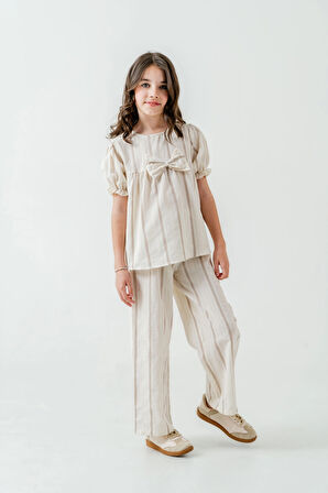 Kurdelalı Çizgili Kız Çocuk Takım 3837