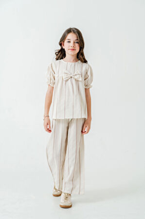 Kurdelalı Çizgili Kız Çocuk Takım 3837