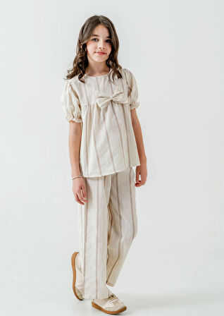 Kurdelalı Çizgili Kız Çocuk Takım 3837