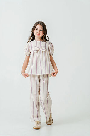 Kurdelalı Çizgili Kız Çocuk Takım 3837