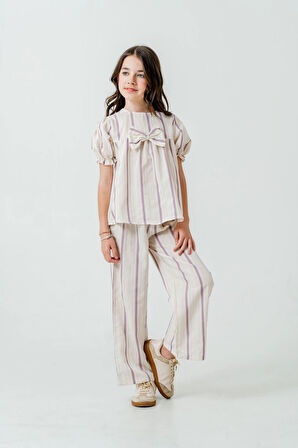 Kurdelalı Çizgili Kız Çocuk Takım 3837