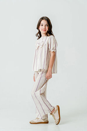 Kurdelalı Çizgili Kız Çocuk Takım 3837