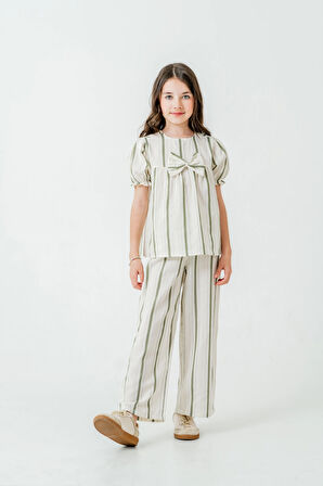 Kurdelalı Çizgili Kız Çocuk Takım 3837