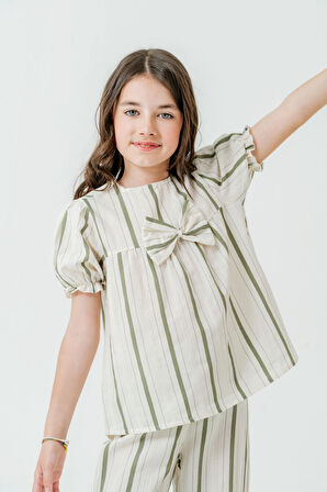 Kurdelalı Çizgili Kız Çocuk Takım 3837