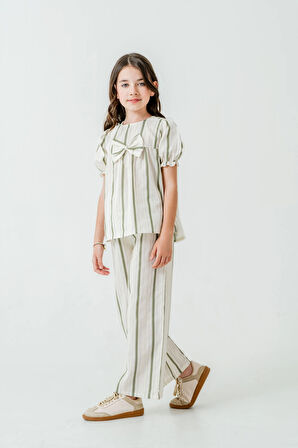 Kurdelalı Çizgili Kız Çocuk Takım 3837