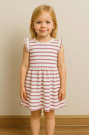 Waffle Kumaş Çizgili Kız Çocuk Elbise  50977