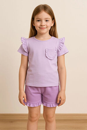 Fırfırlı Cepli Kız Çocuk Şortlu Takım 50657