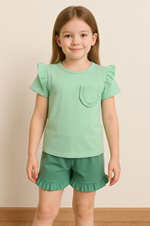 Fırfırlı Cepli Kız Çocuk Şortlu Takım 50657