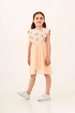 Çiçek Desenli Fırfırlı Kız Çocuk Elbise 009