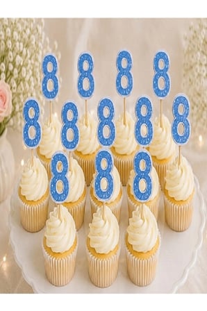8 YAŞ DOĞUM GÜNÜ KÜRDANI CUPKEK PASTA SÜSÜ, KÜRDAN 15 Lİ MAVİ