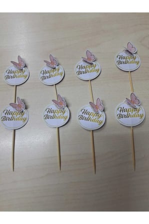 Happy Bırdday Pembe Kelebekli Doğum Günü Kürdanı ,pasta Süsü 15 'li