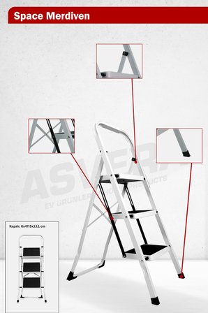 ASVERA Space 3 Basamaklı Ev Tipi Metal Merdiven - Katlanır Geniş Kaymaz Mutfak ve Ev Merdiveni Slim