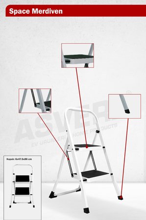 ASVERA Space 2 Basamaklı Ev Tipi Metal Merdiven - Katlanır Geniş Kaymaz Mutfak ve Ev Merdiveni Slim