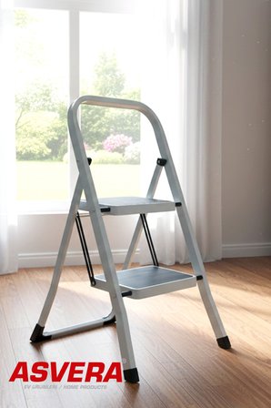 ASVERA Space 2 Basamaklı Ev Tipi Metal Merdiven - Katlanır Geniş Kaymaz Mutfak ve Ev Merdiveni Slim