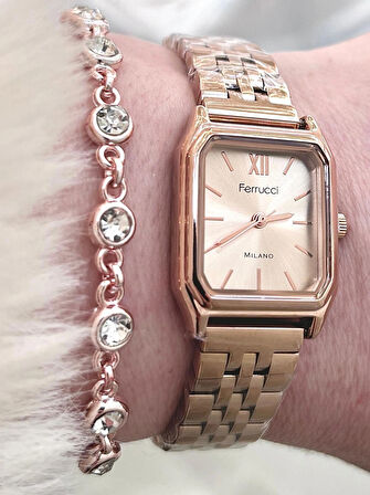 Ferrucci Milano Minimal Kare Kadran Çelik Kadın Kol Saati+Bileklik Hediyeli