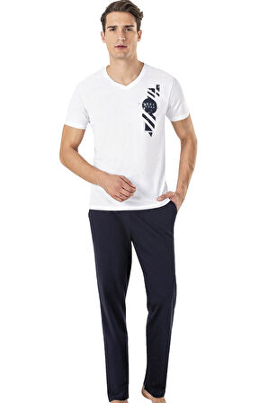 Erkek V Yaka %100 Pamuk Penye Pijama Takım