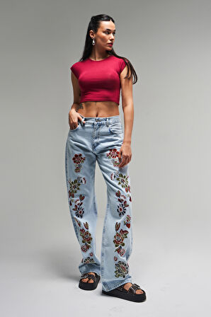 Kadın Snow Kot Rengi 4S5-3 Çiçek Nakışlı Loose Fit %100 Koton Tasarım Denim Jean