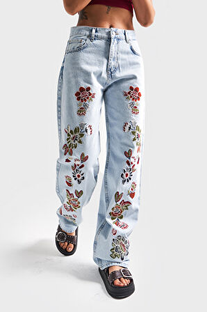 Kadın Snow Kot Rengi 4S5-3 Çiçek Nakışlı Loose Fit %100 Koton Tasarım Denim Jean