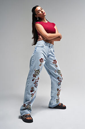 Kadın Snow Kot Rengi 4S5-3 Çiçek Nakışlı Loose Fit %100 Koton Tasarım Denim Jean