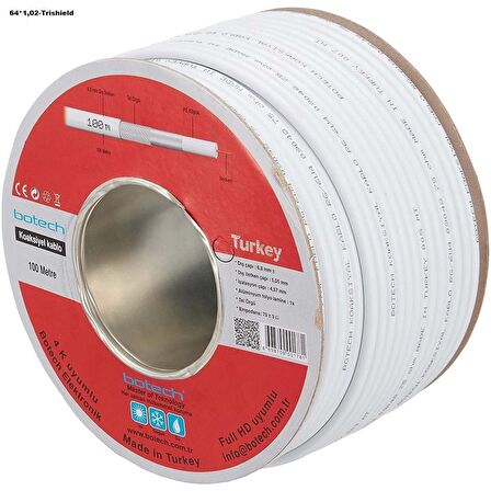 Botech Rg6u4 64 Tel 1,02mm orta damar Kaliteli Anten Kablosu