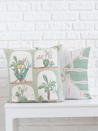 Yeşil Temalı Çok Renkli Baskılı 45x45 Kare Kırlent Kılıfı