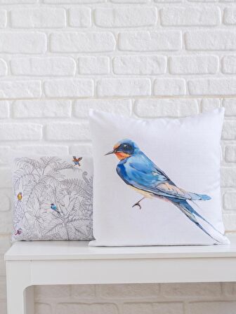 Bahar Temalı Kuş ve Bitki Desenli 35x55 Dikdörtgen Kırlent Kılıfı