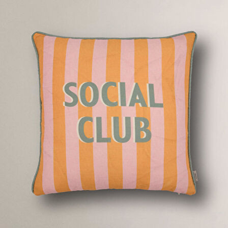 Social Club Baskılı Çizgili Kırlent Kılıfı