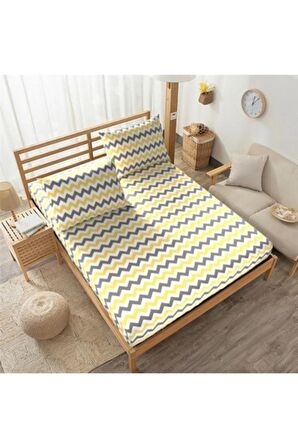 Çift Kişilik 160x200 Lastikli Çarşaf Takımı - Sarı Zikzak Desenli