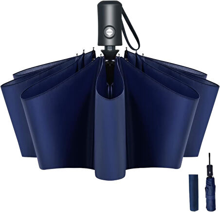 LED Işıklı Otomatik Katlanabilir Şemsiye – Mavi, Rüzgara Dayanıklı, Su Geçirmez